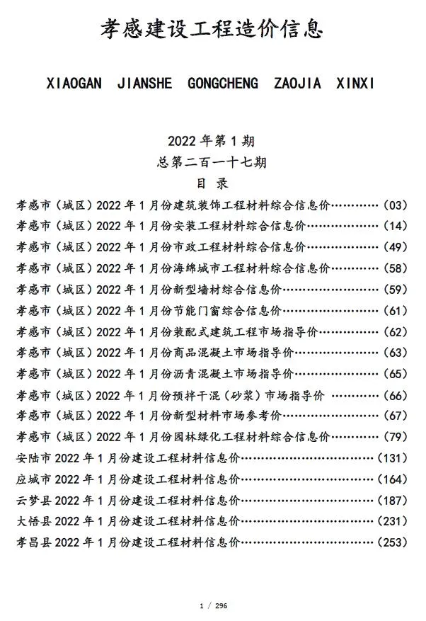 孝感2022年1月信息价