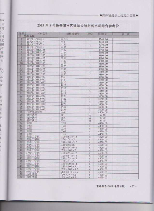 贵州省2013年8月信息价封面